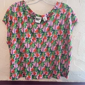 100% Linen Pink Flamingo Short Sleeve Top Size XL